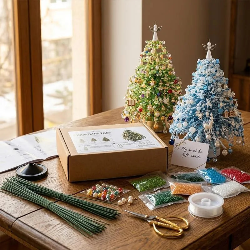 aeelleea DIY Beaded Christmas Tree Craft Kit for Adults, Warm LED Light Tabletop Tree with Star Tree Topper, Beads & Pendants, Desktop Decor, Christmas