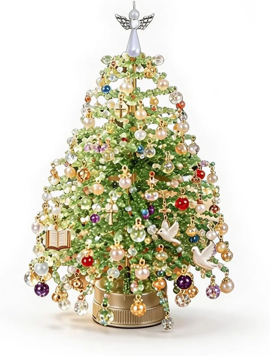 aeelleea DIY Beaded Christmas Tree Craft Kit for Adults, Warm LED Light Tabletop Tree with Star Tree Topper, Beads & Pendants, Desktop Decor, Christmas