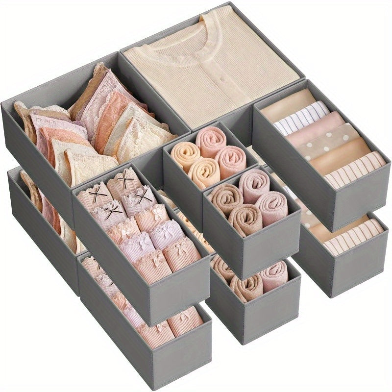 AEELLEEA 12 Pack Drawer Organizer Set, Foldable Fabric Storage Baskets in 3 Sizes for Socks Underwear Bras Ties, Dove Gray