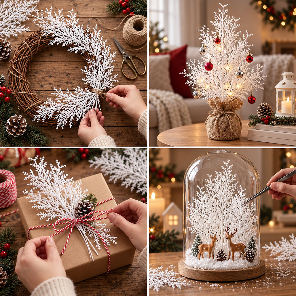 AEELLEEA 50 Pcs White Artificial Christmas Branches, 12.4 Inch Frosted Snowy Stems for Vase Arrangement Wreath Winter Holiday Decor