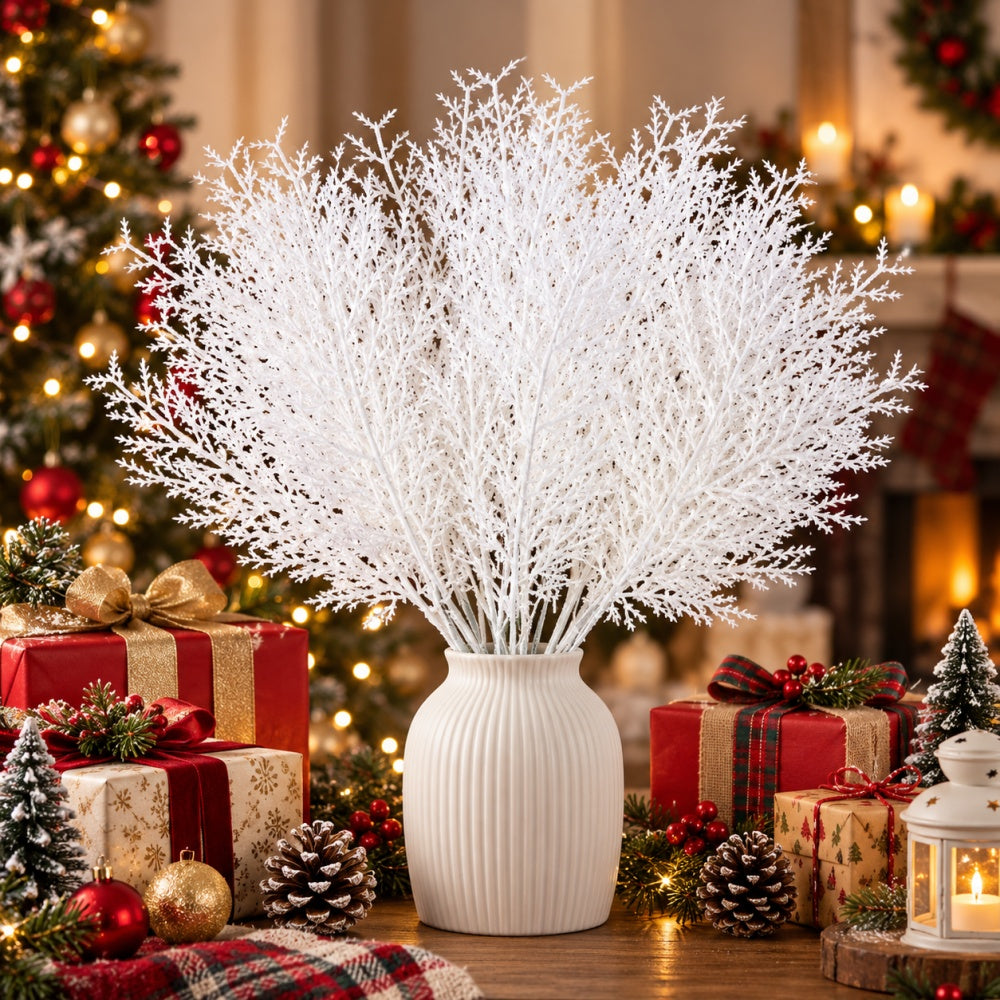 AEELLEEA 50 Pcs White Artificial Christmas Branches, 12.4 Inch Frosted Snowy Stems for Vase Arrangement Wreath Winter Holiday Decor