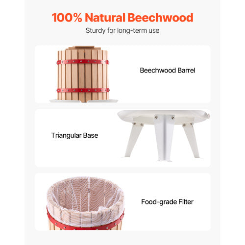 AEELLEEA 12L Fruit Wine Press, Natural Beechwood Manual Juice Press for Grape Apple Cider Making