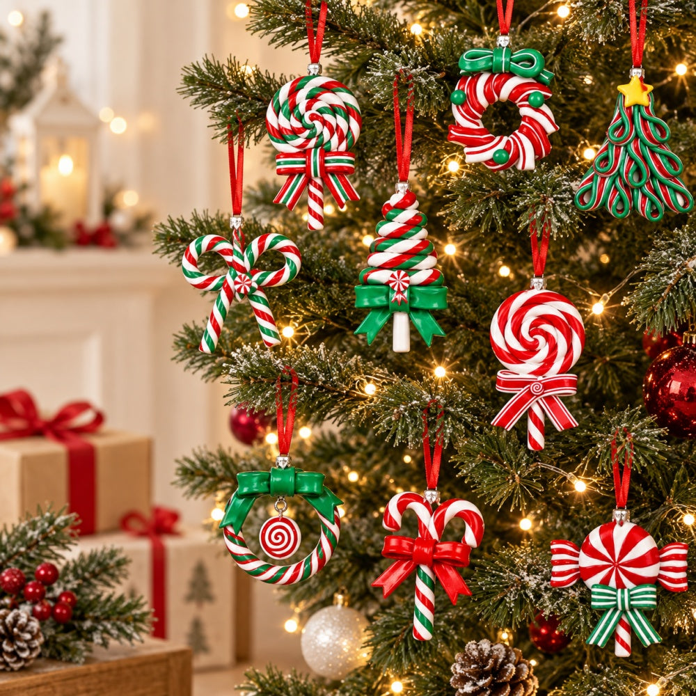 AEELLEEA 18 Pack Christmas Polymer Clay Ornaments, 1.42 to 3.74 Inch Candy Cane Lollipop Hanging Charms with Cords, Red Green White