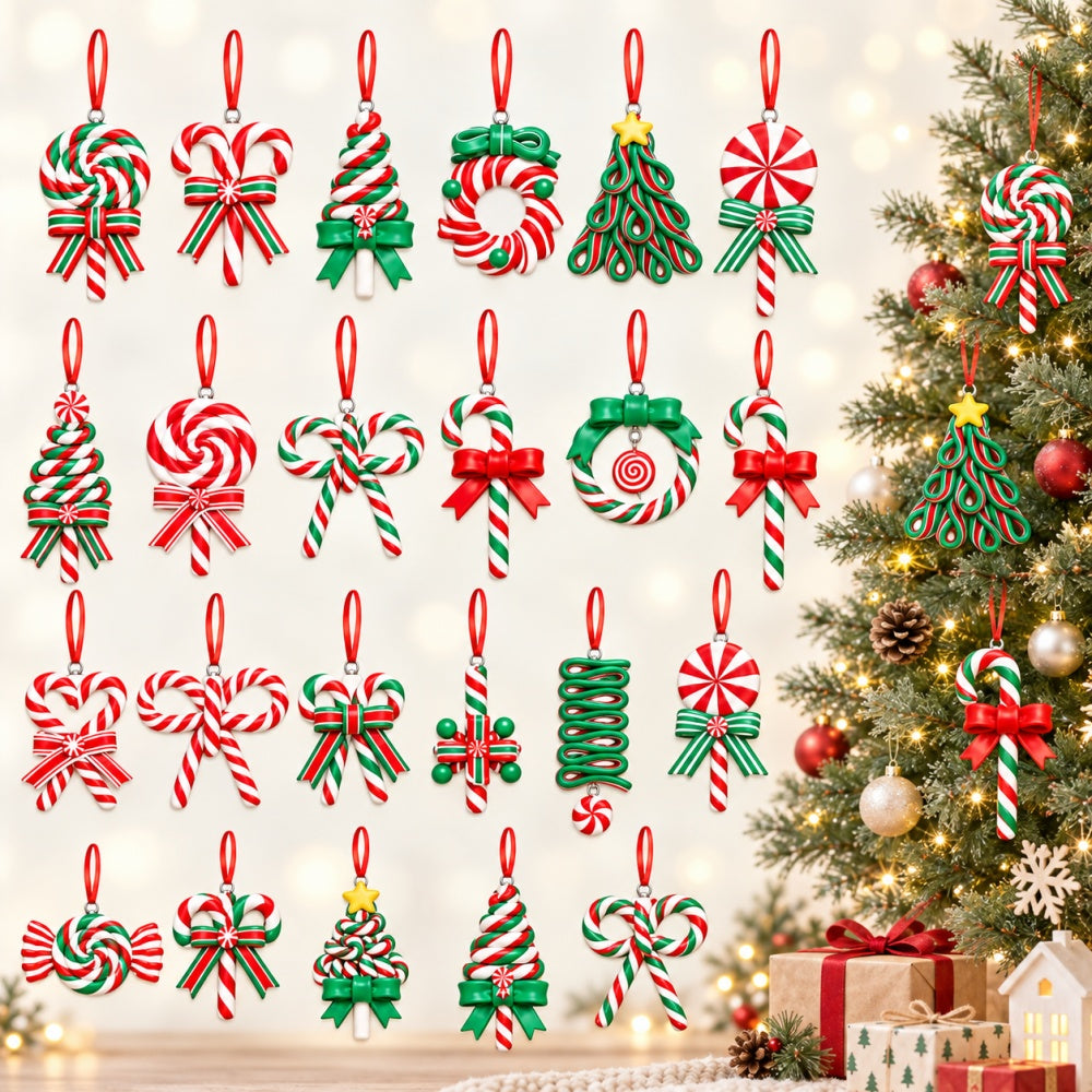 AEELLEEA 18 Pack Christmas Polymer Clay Ornaments, 1.42 to 3.74 Inch Candy Cane Lollipop Hanging Charms with Cords, Red Green White