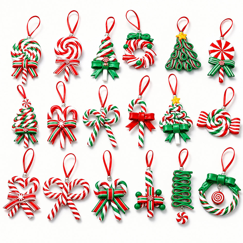 AEELLEEA 18 Pack Christmas Polymer Clay Ornaments, 1.42 to 3.74 Inch Candy Cane Lollipop Hanging Charms with Cords, Red Green White