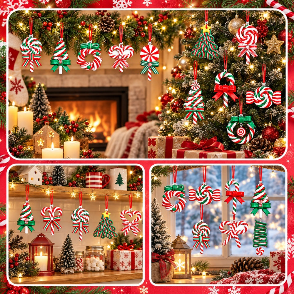 AEELLEEA 18 Pack Christmas Polymer Clay Ornaments, 1.42 to 3.74 Inch Candy Cane Lollipop Hanging Charms with Cords, Red Green White