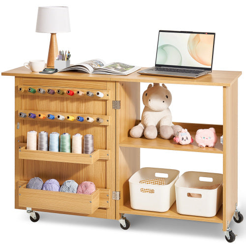 AEELLEEA Folding Sewing Table with Storage, Mobile Craft Cabinet with Wheels for Sewing Room