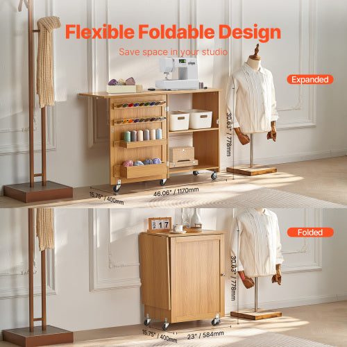 AEELLEEA Folding Sewing Table with Storage, Mobile Craft Cabinet with Wheels for Sewing Room