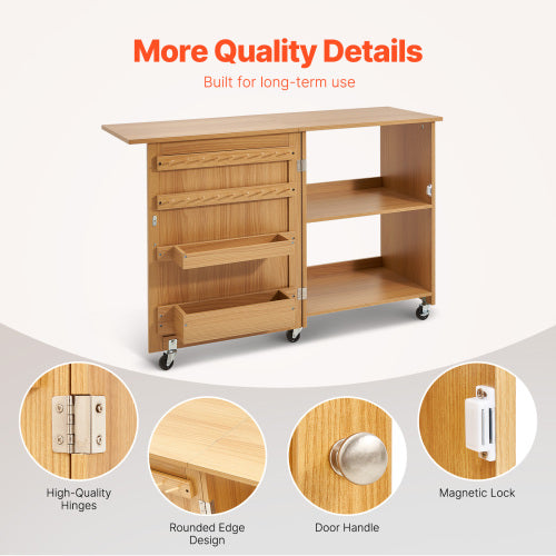 AEELLEEA Folding Sewing Table with Storage, Mobile Craft Cabinet with Wheels for Sewing Room