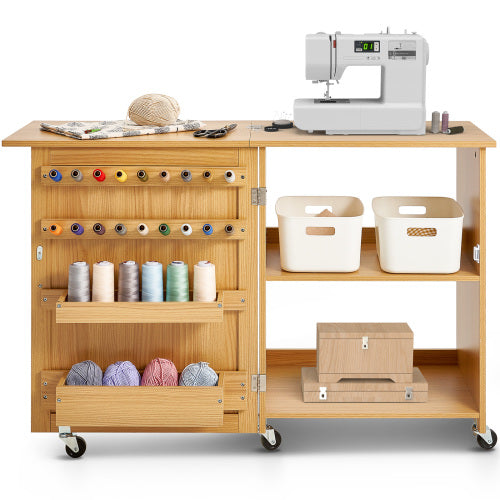 AEELLEEA Folding Sewing Table with Storage, Mobile Craft Cabinet with Wheels for Sewing Room