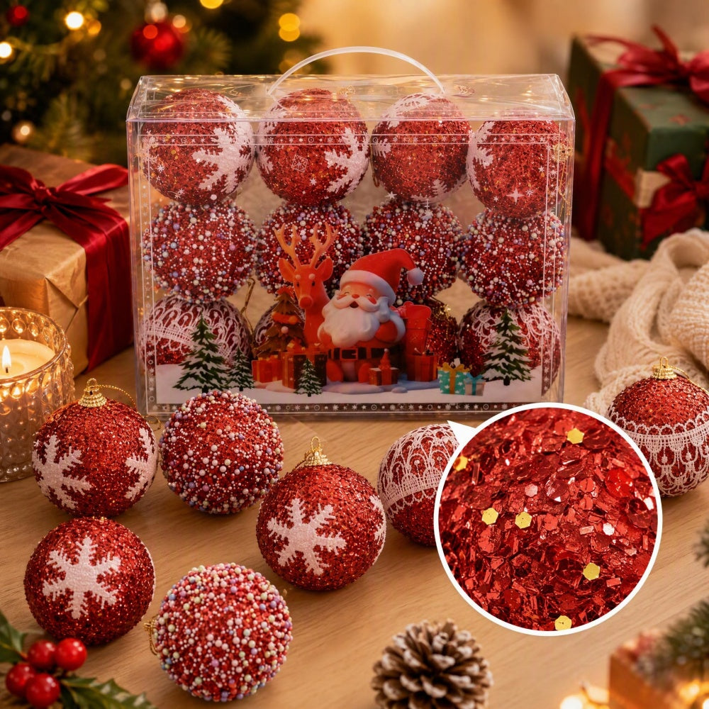 AEELLEEA Red Christmas Ball Ornaments, 2.76 Inch Polystyrene Glitter Baubles with Snowflake Bead Lace Designs, Hanging Box Set