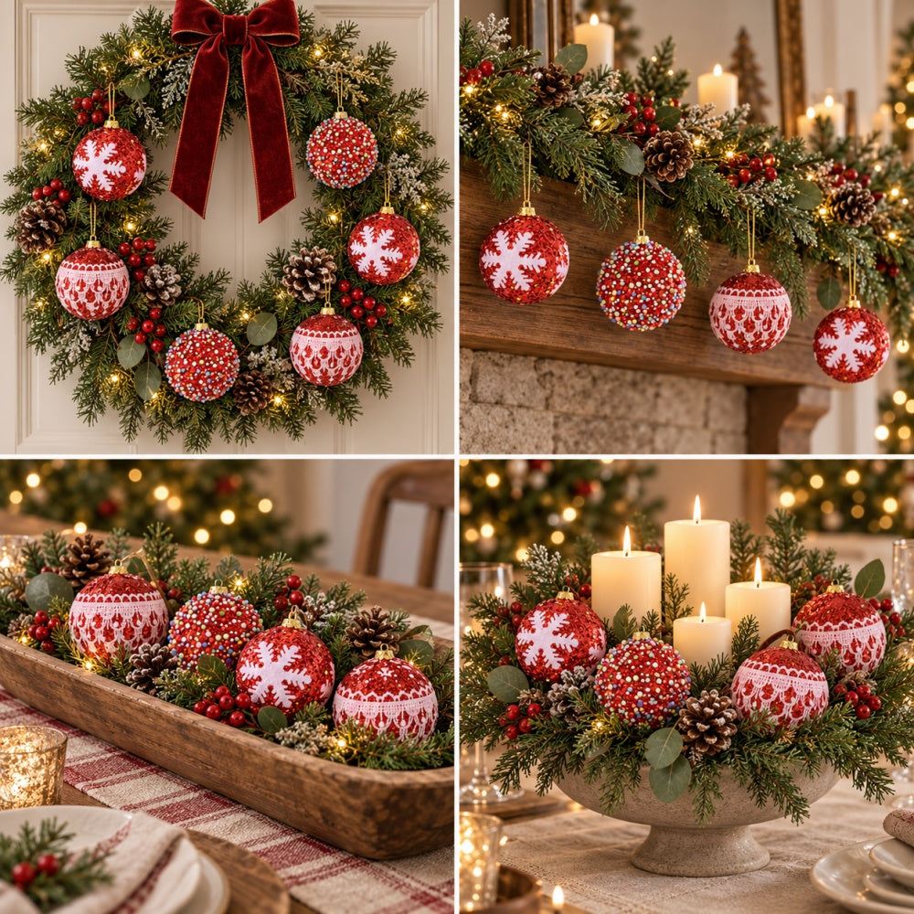 AEELLEEA Red Christmas Ball Ornaments, 2.76 Inch Polystyrene Glitter Baubles with Snowflake Bead Lace Designs, Hanging Box Set