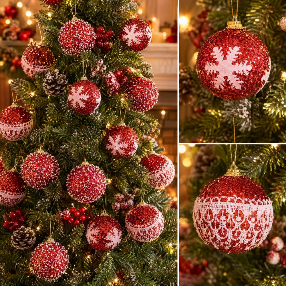 AEELLEEA Red Christmas Ball Ornaments, 2.76 Inch Polystyrene Glitter Baubles with Snowflake Bead Lace Designs, Hanging Box Set