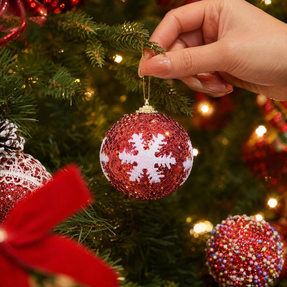 AEELLEEA Red Christmas Ball Ornaments, 2.76 Inch Polystyrene Glitter Baubles with Snowflake Bead Lace Designs, Hanging Box Set