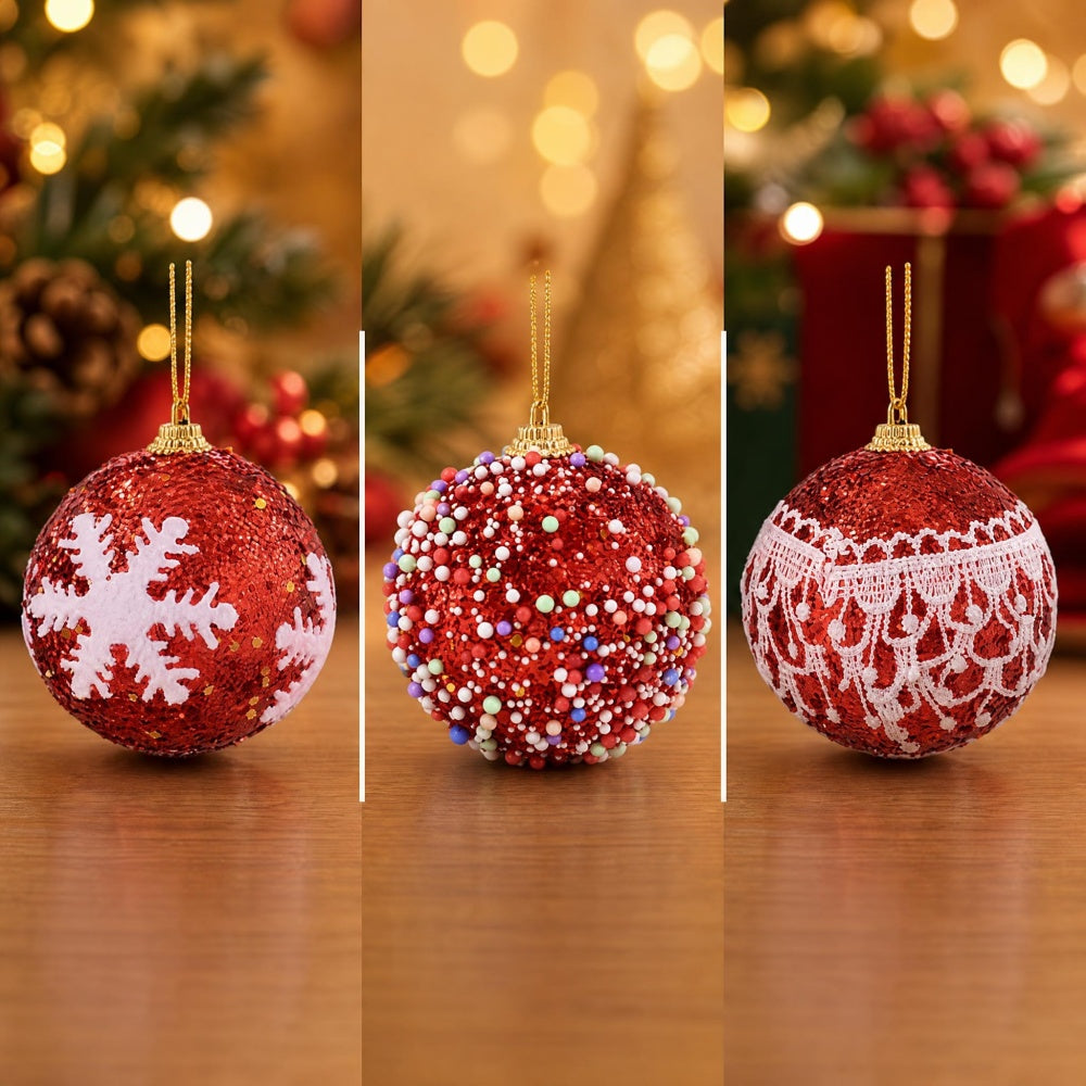 AEELLEEA Red Christmas Ball Ornaments, 2.76 Inch Polystyrene Glitter Baubles with Snowflake Bead Lace Designs, Hanging Box Set