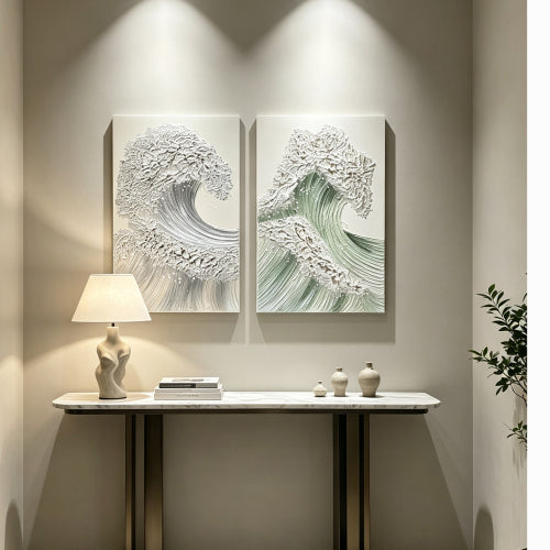 AEELLEEA 2 Piece Ocean Wave Textured Wall Art, 3D Thick Paint Canvas Painting for Entryway Living Room Decor