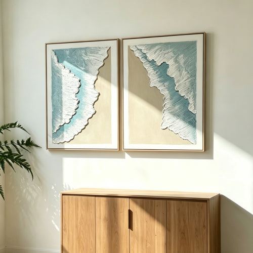 AEELLEEA 2 Piece Coastal Beach Wave Textured Wall Art, 3D Thick Texture Framed Canvas Art for Living Room