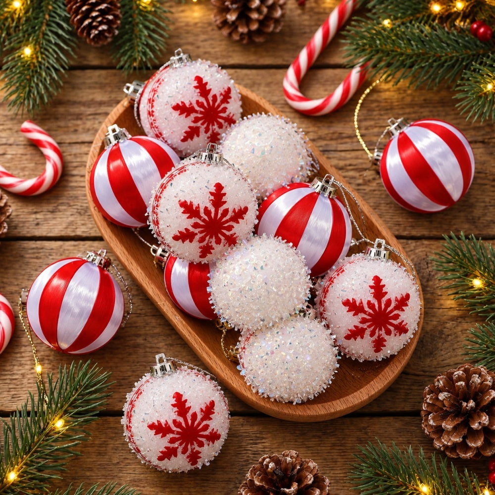 AEELLEEA 12 Pack Red and White Christmas Ball Ornaments, 2.36 Inch Polystyrene Striped Snowflake Baubles with Hanging Cords, Box Set