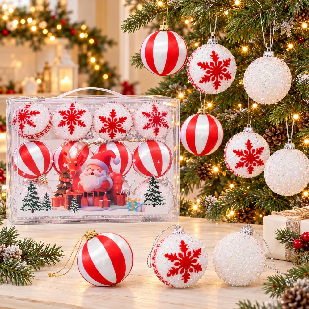 AEELLEEA 12 Pack Red and White Christmas Ball Ornaments, 2.36 Inch Polystyrene Striped Snowflake Baubles with Hanging Cords, Box Set