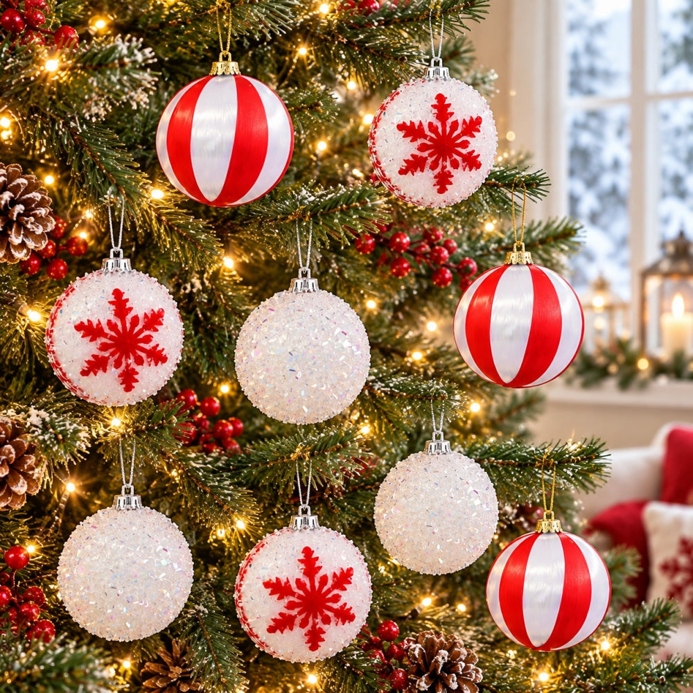 AEELLEEA 12 Pack Red and White Christmas Ball Ornaments, 2.36 Inch Polystyrene Striped Snowflake Baubles with Hanging Cords, Box Set