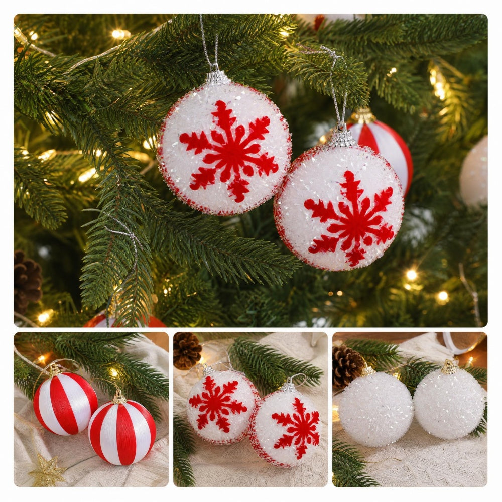 AEELLEEA 12 Pack Red and White Christmas Ball Ornaments, 2.36 Inch Polystyrene Striped Snowflake Baubles with Hanging Cords, Box Set