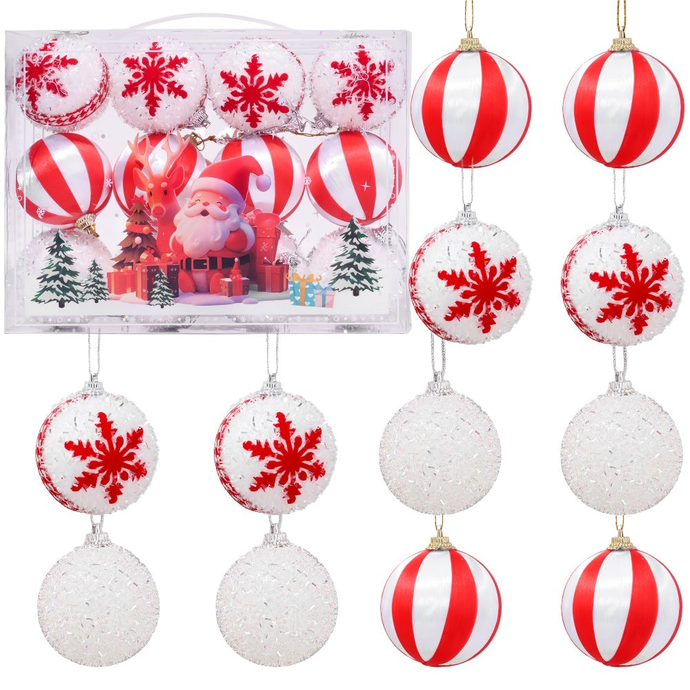 AEELLEEA 12 Pack Red and White Christmas Ball Ornaments, 2.36 Inch Polystyrene Striped Snowflake Baubles with Hanging Cords, Box Set