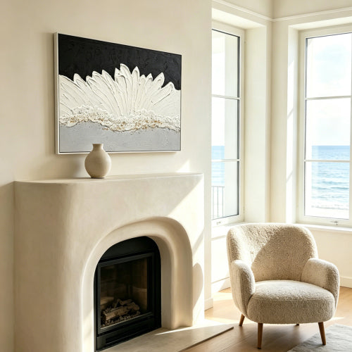 AEELLEEA Black White 3D Textured Wave Wall Art, Framed Thick Impasto Canvas Painting for Living Room