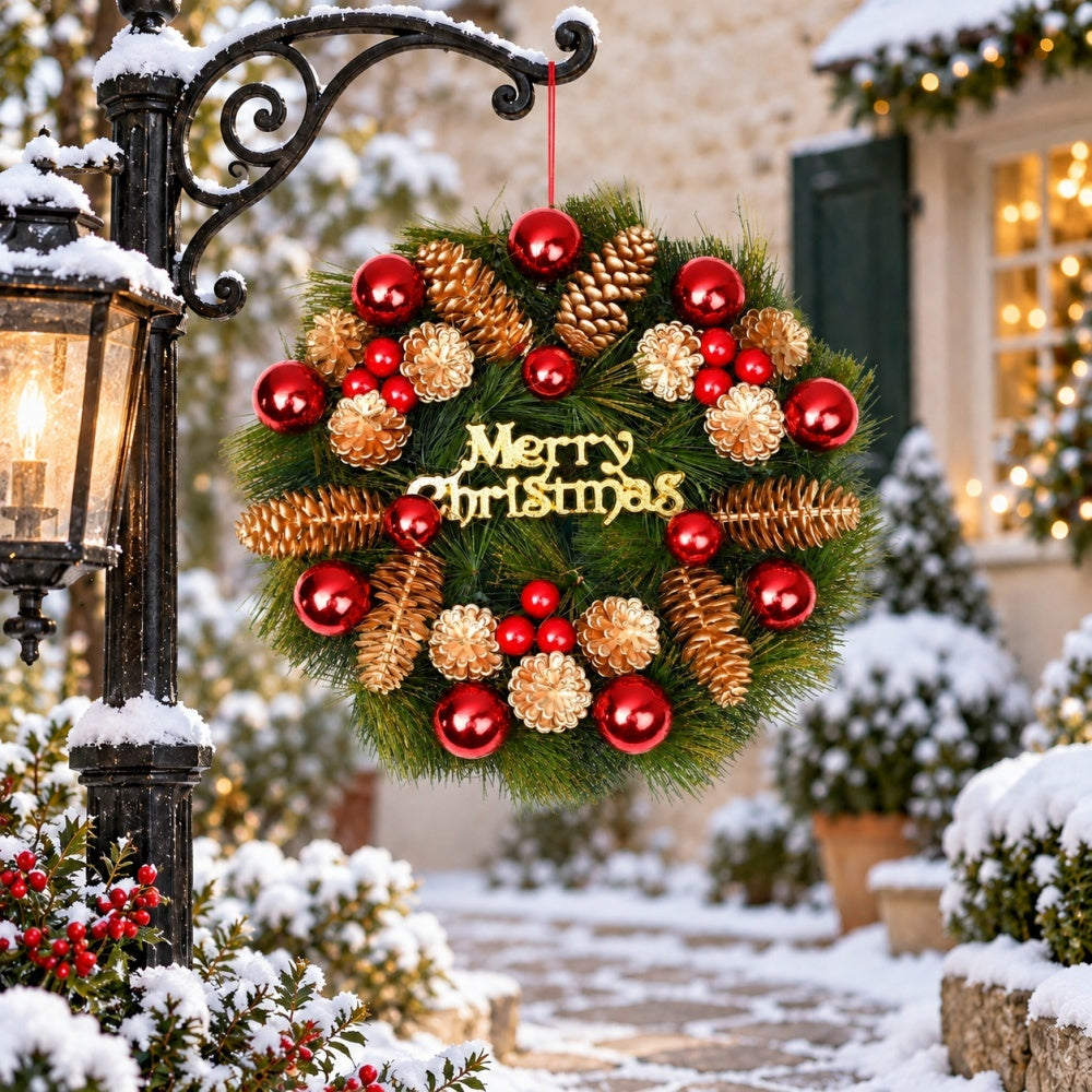 AEELLEEA 11.8 Inch Christmas Pine Cone Wreath, Green Garland with Red Baubles, Gold Flowers and Merry Christmas Sign for Door Wall
