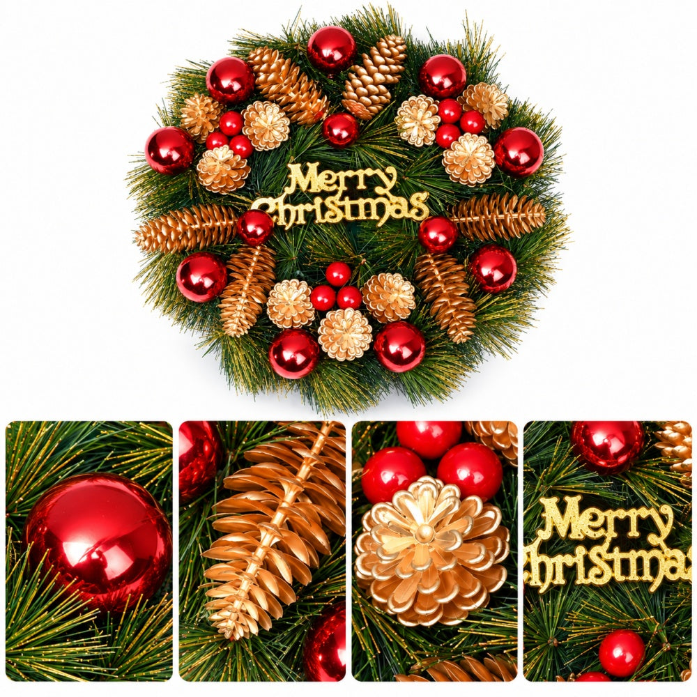 AEELLEEA 11.8 Inch Christmas Pine Cone Wreath, Green Garland with Red Baubles, Gold Flowers and Merry Christmas Sign for Door Wall