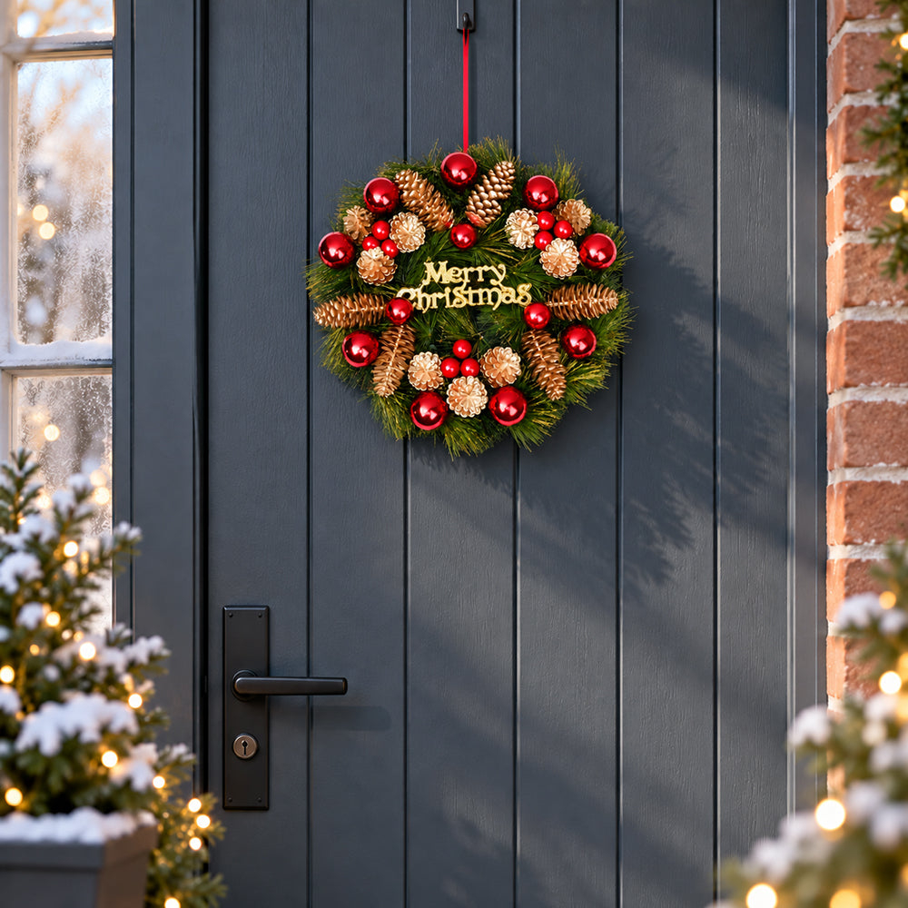 AEELLEEA 11.8 Inch Christmas Pine Cone Wreath, Green Garland with Red Baubles, Gold Flowers and Merry Christmas Sign for Door Wall