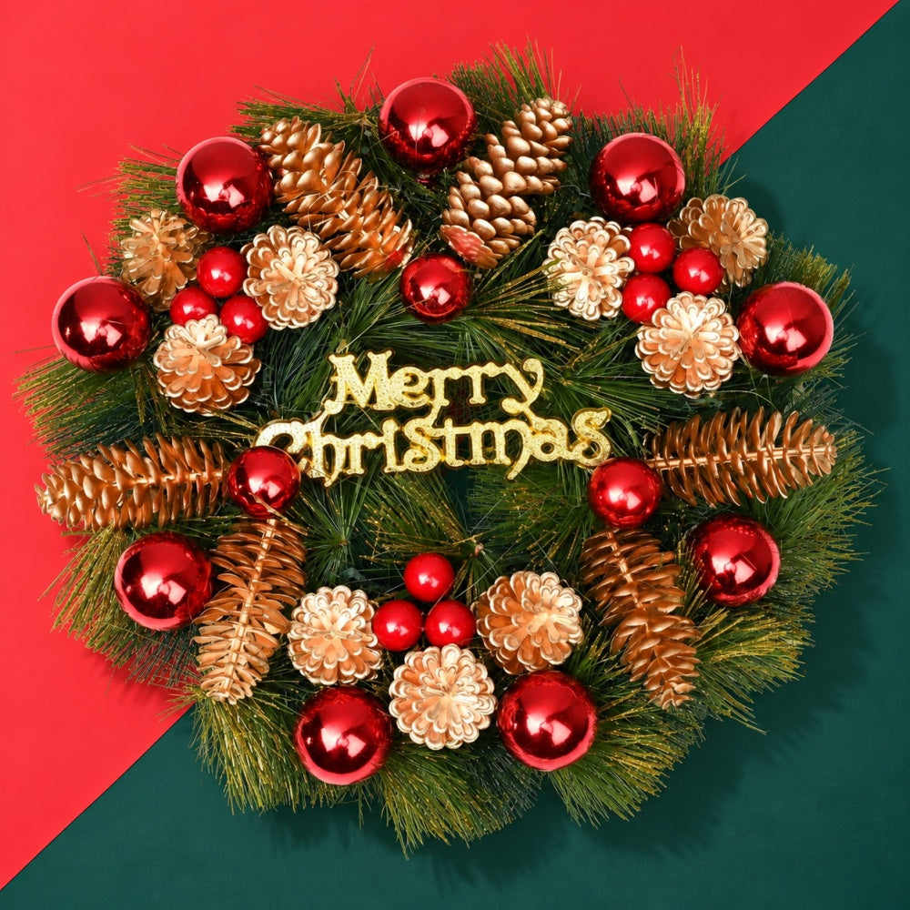 AEELLEEA 11.8 Inch Christmas Pine Cone Wreath, Green Garland with Red Baubles, Gold Flowers and Merry Christmas Sign for Door Wall