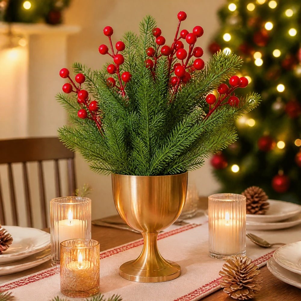 AEELLEEA 4 Bundles Artificial Pine Cypress Stems with Red Berries, 14.2 Inch 5 Head Foam Greenery Picks for Vase Christmas Decor