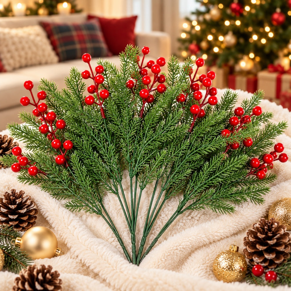 AEELLEEA 4 Bundles Artificial Pine Cypress Stems with Red Berries, 14.2 Inch 5 Head Foam Greenery Picks for Vase Christmas Decor