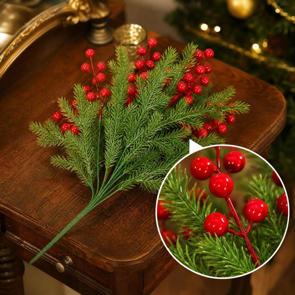 AEELLEEA 4 Bundles Artificial Pine Cypress Stems with Red Berries, 14.2 Inch 5 Head Foam Greenery Picks for Vase Christmas Decor