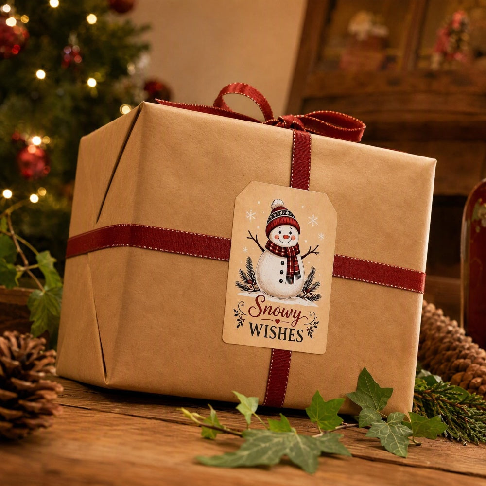 AEELLEEA 2 Rolls Christmas Kraft Gift Tag Stickers, 2 x 3 Inch Santa Snowman To and From Labels for Gift Wrapping Holiday Boxes