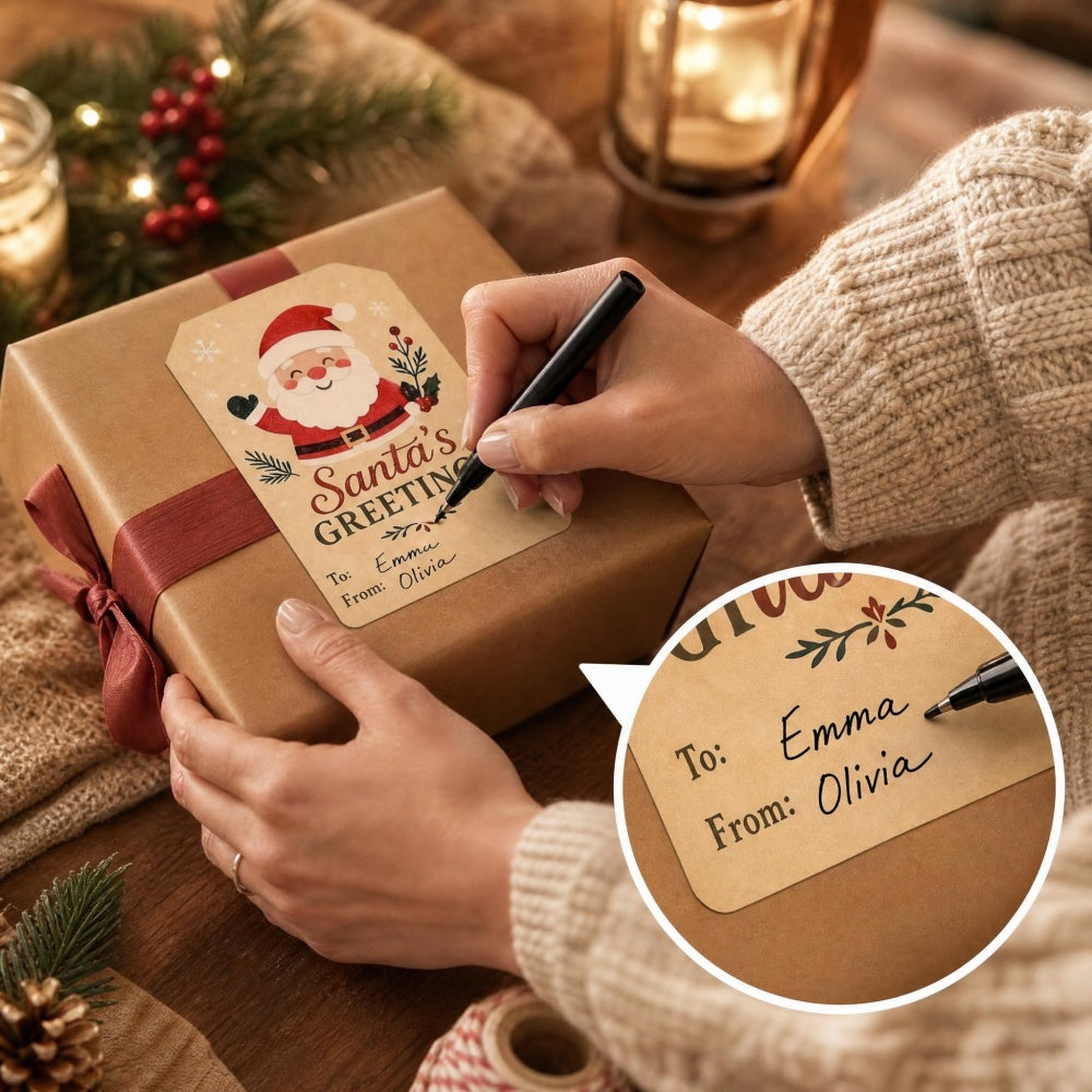 AEELLEEA 2 Rolls Christmas Kraft Gift Tag Stickers, 2 x 3 Inch Santa Snowman To and From Labels for Gift Wrapping Holiday Boxes
