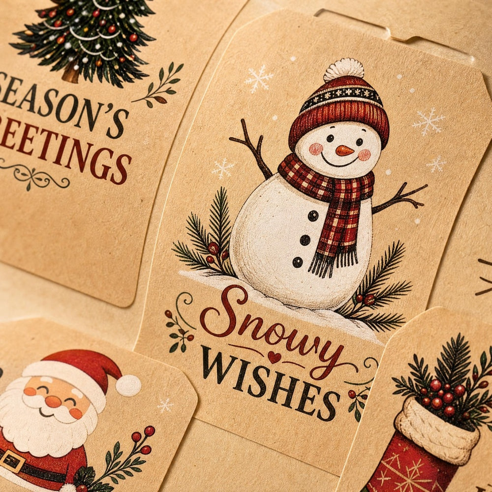 AEELLEEA 2 Rolls Christmas Kraft Gift Tag Stickers, 2 x 3 Inch Santa Snowman To and From Labels for Gift Wrapping Holiday Boxes
