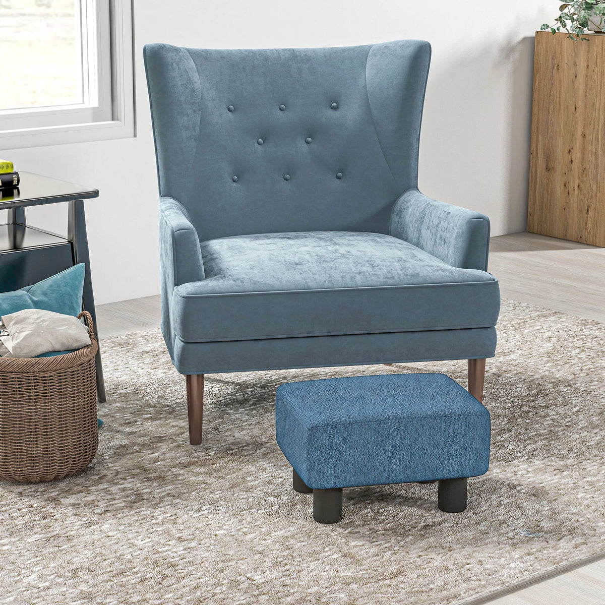Blue Linen Upholstered Small Ottoman Foot Rest, Rectangular Padded Foot Stool, Multi-use Accent Stool for Living Room Bedroom Entryway, 243lbs Weight Capacity