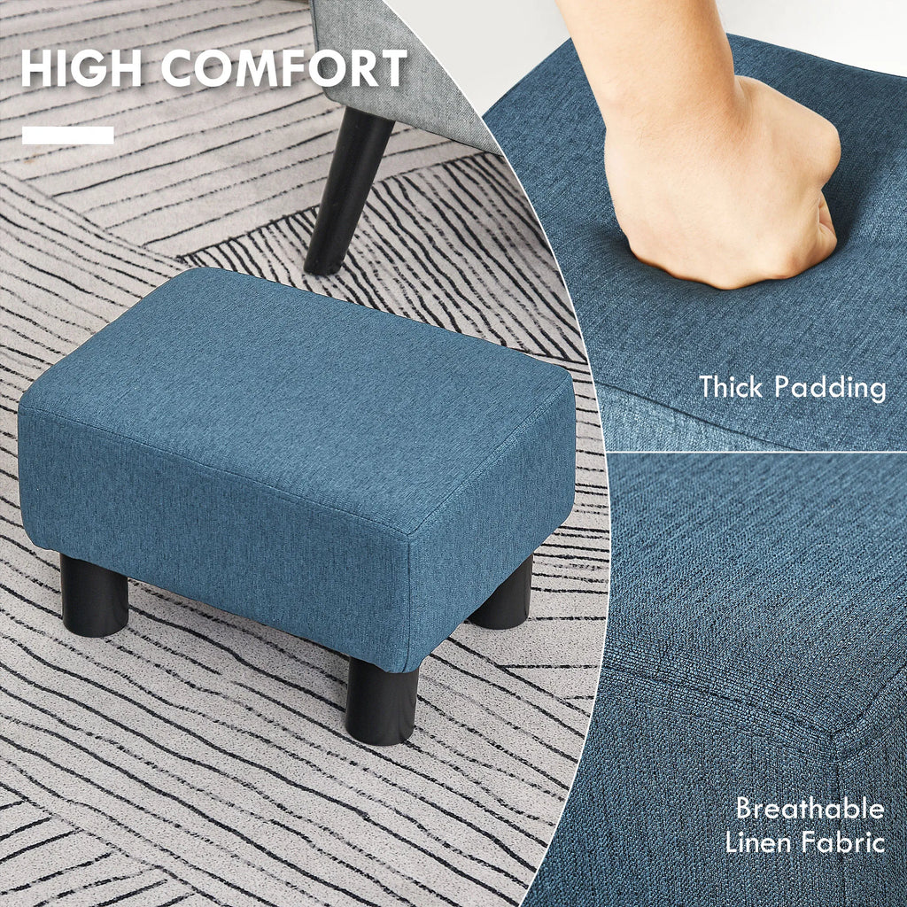 Blue Linen Upholstered Small Ottoman Foot Rest, Rectangular Padded Foot Stool, Multi-use Accent Stool for Living Room Bedroom Entryway, 243lbs Weight Capacity