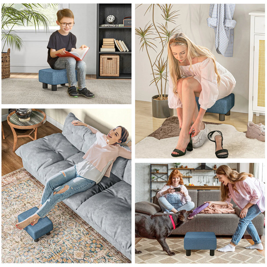Blue Linen Upholstered Small Ottoman Foot Rest, Rectangular Padded Foot Stool, Multi-use Accent Stool for Living Room Bedroom Entryway, 243lbs Weight Capacity