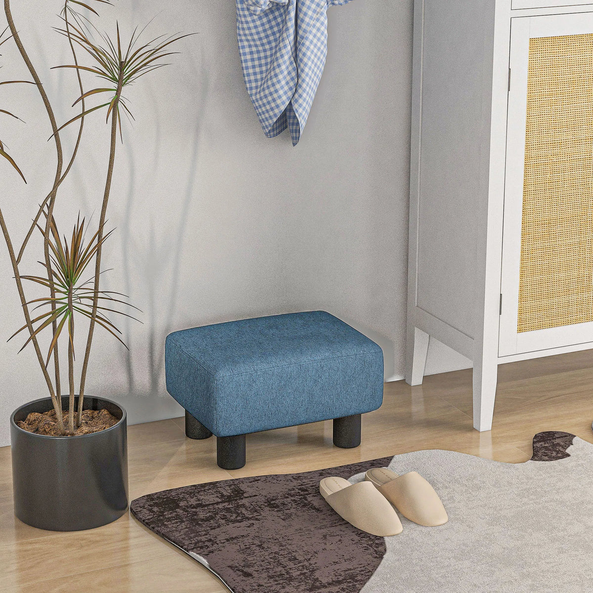 Blue Linen Upholstered Small Ottoman Foot Rest, Rectangular Padded Foot Stool, Multi-use Accent Stool for Living Room Bedroom Entryway, 243lbs Weight Capacity