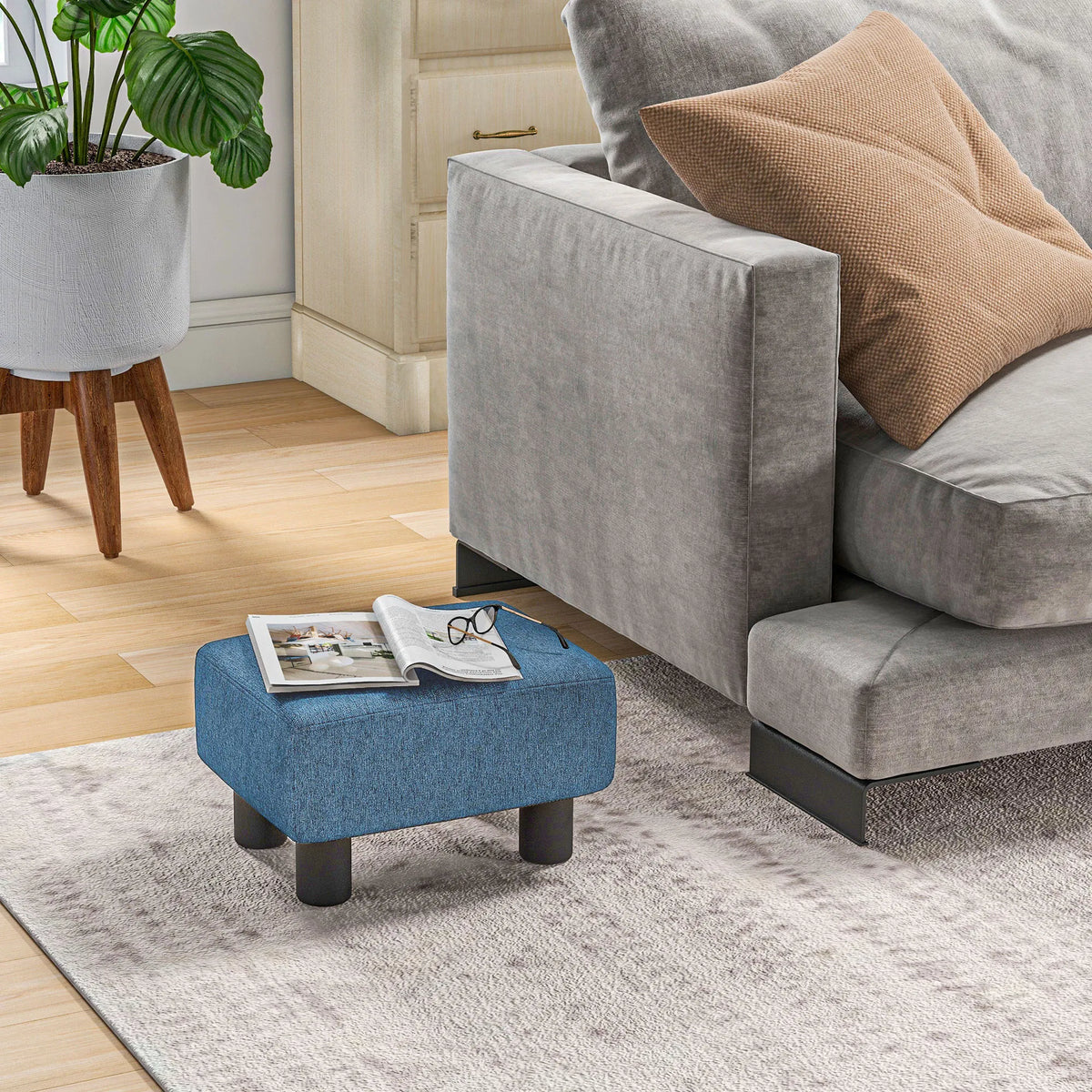 Blue Linen Upholstered Small Ottoman Foot Rest, Rectangular Padded Foot Stool, Multi-use Accent Stool for Living Room Bedroom Entryway, 243lbs Weight Capacity