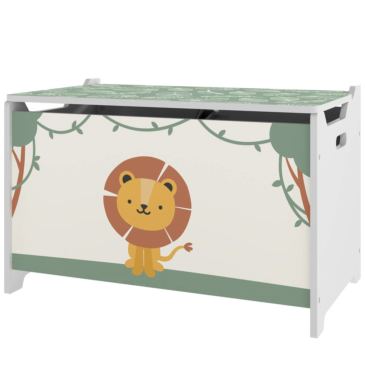 Kids Toy Chest with Safety Hinge, Lion Print Wooden Toy Box with Lid & Cutout Handles, Toy Storage Organizer for Playroom Nursery Bedroom, Green
