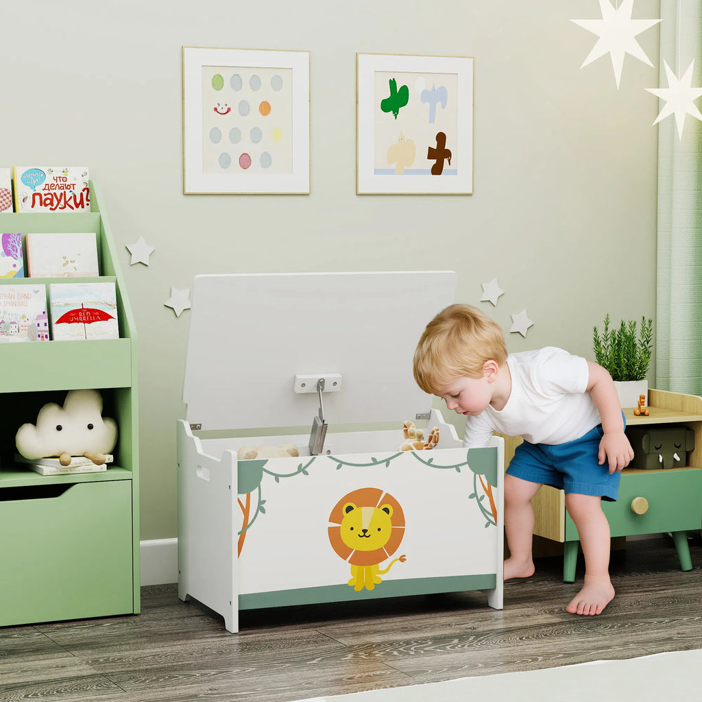 Kids Toy Chest with Safety Hinge, Lion Print Wooden Toy Box with Lid & Cutout Handles, Toy Storage Organizer for Playroom Nursery Bedroom, Green