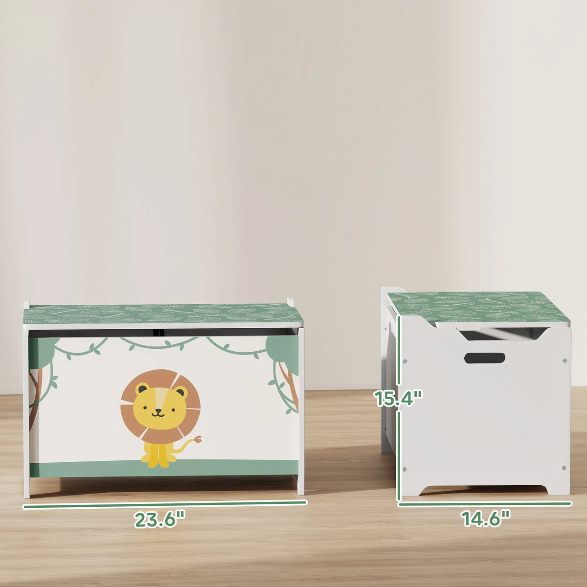 Kids Toy Chest with Safety Hinge, Lion Print Wooden Toy Box with Lid & Cutout Handles, Toy Storage Organizer for Playroom Nursery Bedroom, Green