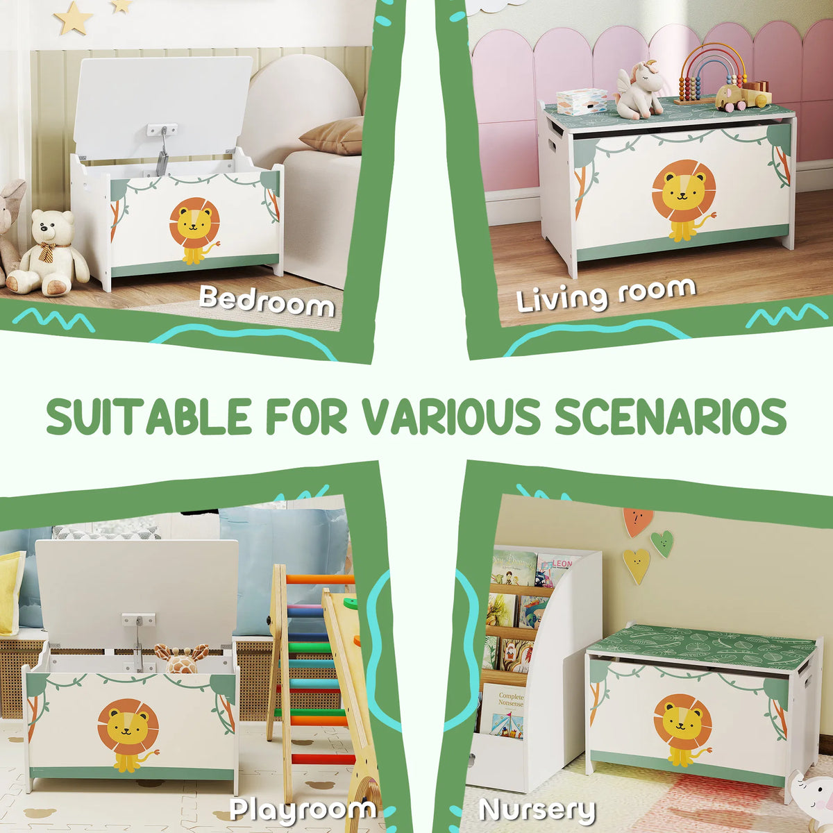 Kids Toy Chest with Safety Hinge, Lion Print Wooden Toy Box with Lid & Cutout Handles, Toy Storage Organizer for Playroom Nursery Bedroom, Green