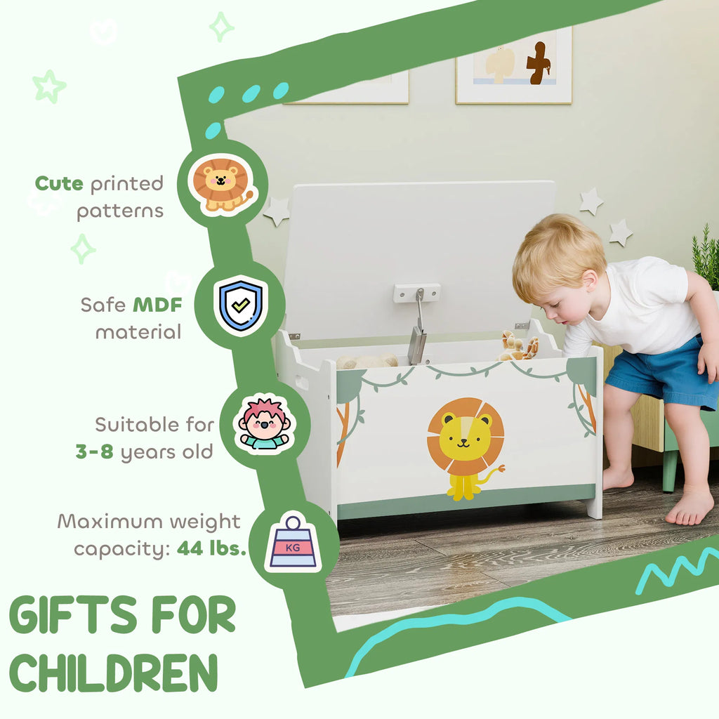 Kids Toy Chest with Safety Hinge, Lion Print Wooden Toy Box with Lid & Cutout Handles, Toy Storage Organizer for Playroom Nursery Bedroom, Green