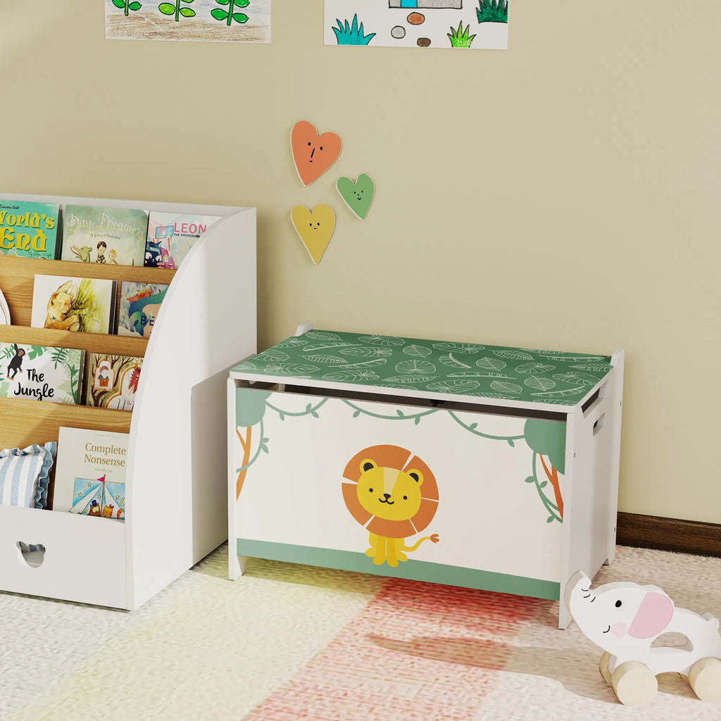 Kids Toy Chest with Safety Hinge, Lion Print Wooden Toy Box with Lid & Cutout Handles, Toy Storage Organizer for Playroom Nursery Bedroom, Green