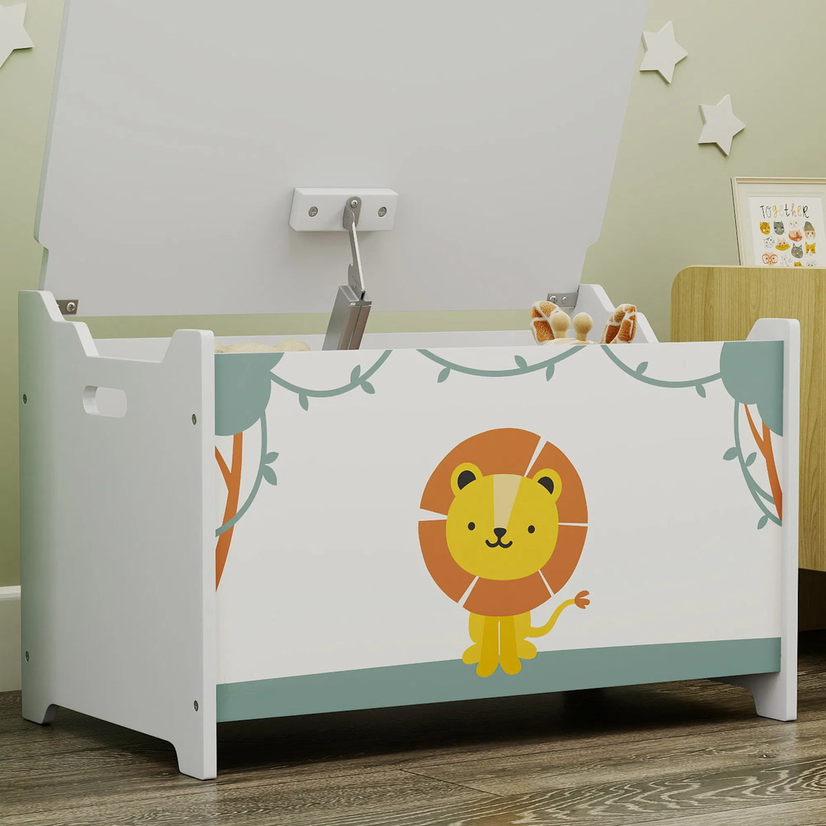 Kids Toy Chest with Safety Hinge, Lion Print Wooden Toy Box with Lid & Cutout Handles, Toy Storage Organizer for Playroom Nursery Bedroom, Green