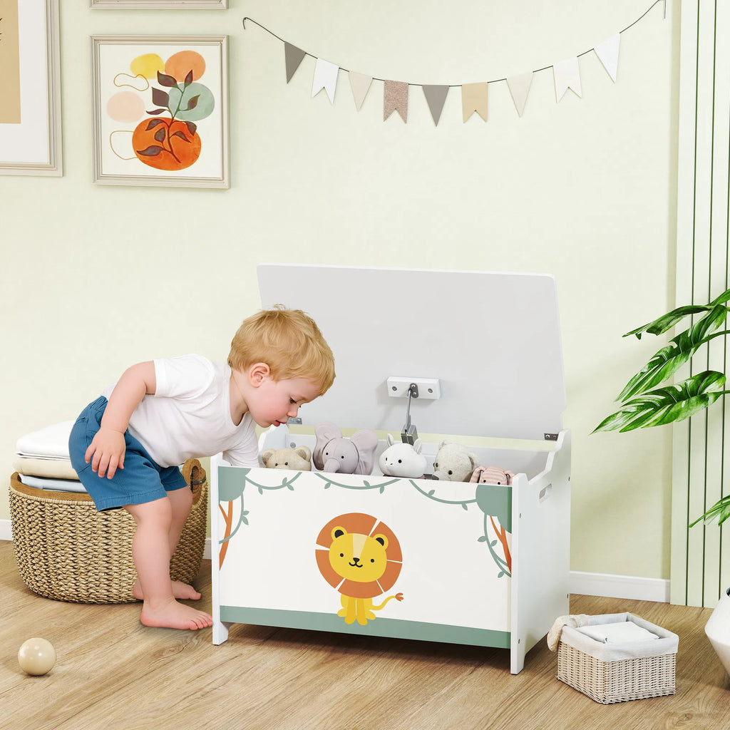 Kids Toy Chest with Safety Hinge, Lion Print Wooden Toy Box with Lid & Cutout Handles, Toy Storage Organizer for Playroom Nursery Bedroom, Green